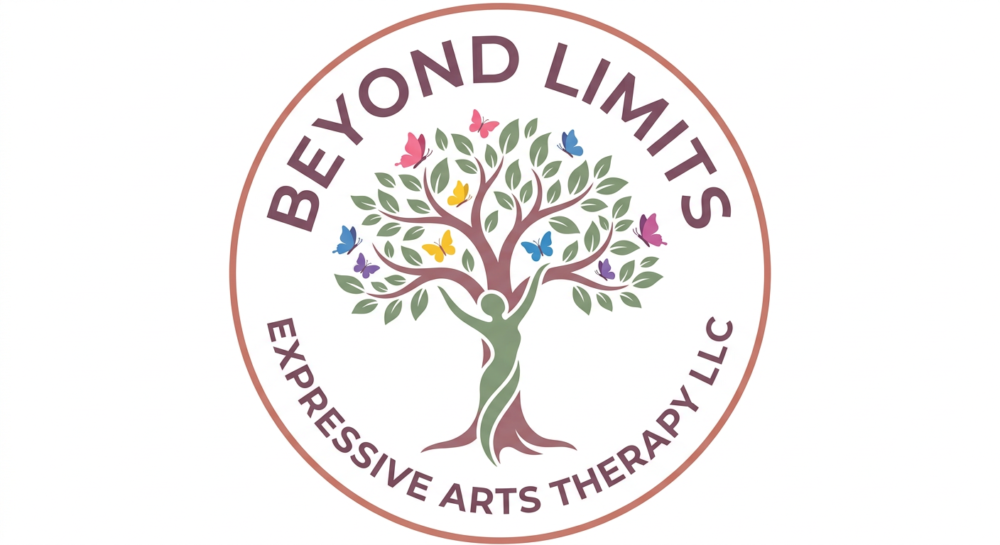 Beyond Limits Expressive Arts Therapy LLC — circular logo with human figure transforming into a tree with colorful butterflies